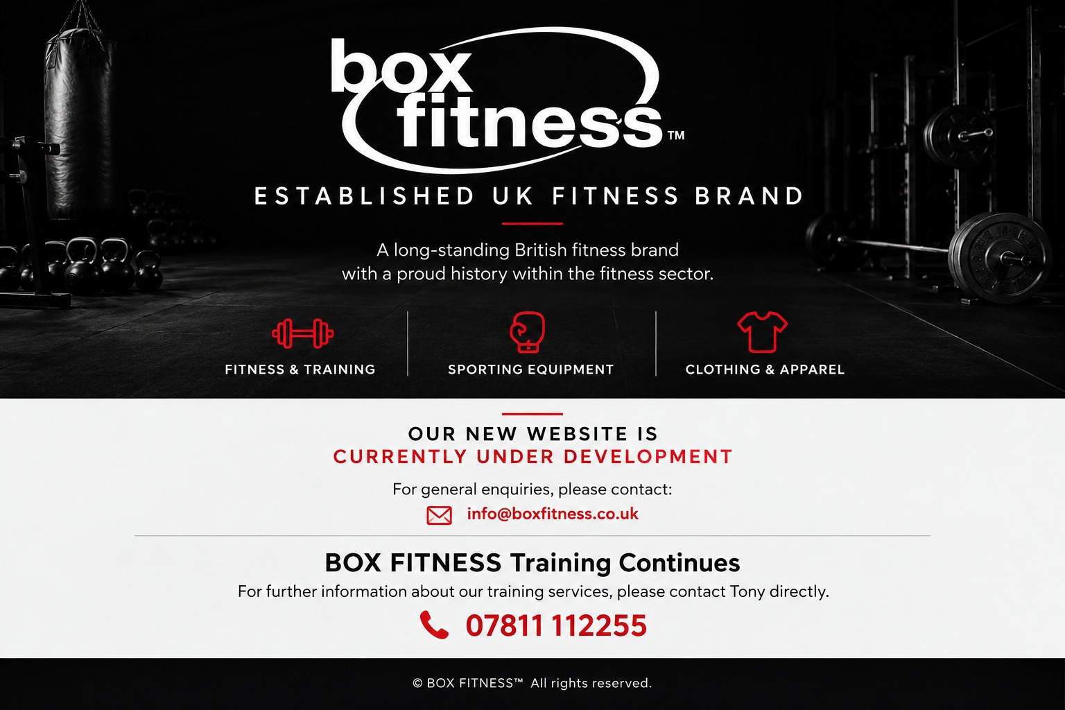 BOX FITNESS™ — Established UK Fitness Brand. Fitness & Training, Sporting Equipment, Clothing & Apparel. Website currently under development.